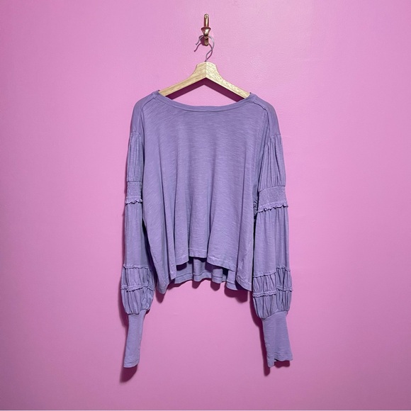 Pilcro Crewneck Ruched Smocked Puff Sleeve Top Women's XL Lilac Cotton - Picture 2 of 11